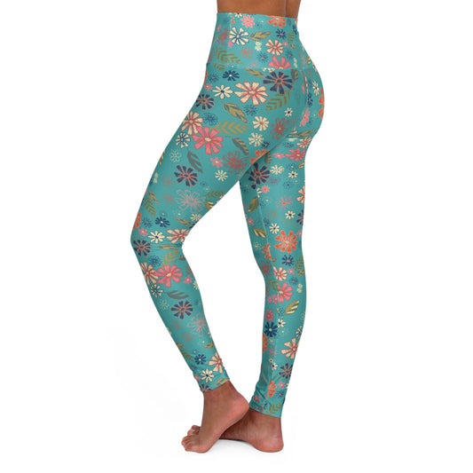 Blue Floral Print High Waisted Yoga Leggings