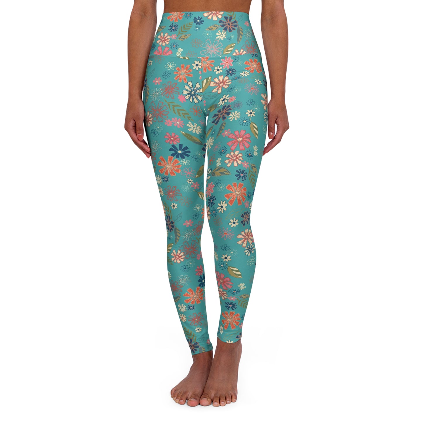 Blue Floral Print High Waisted Yoga Leggings
