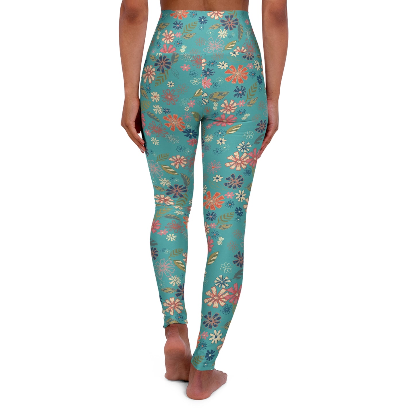 Blue Floral Print High Waisted Yoga Leggings