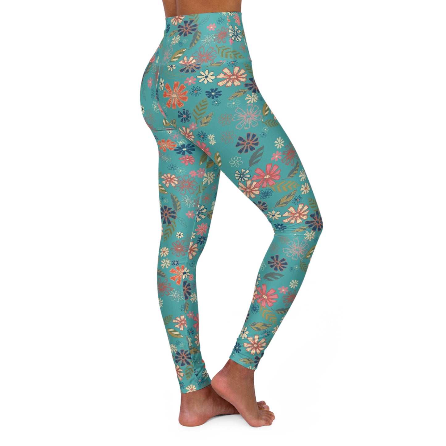 Blue Floral Print High Waisted Yoga Leggings