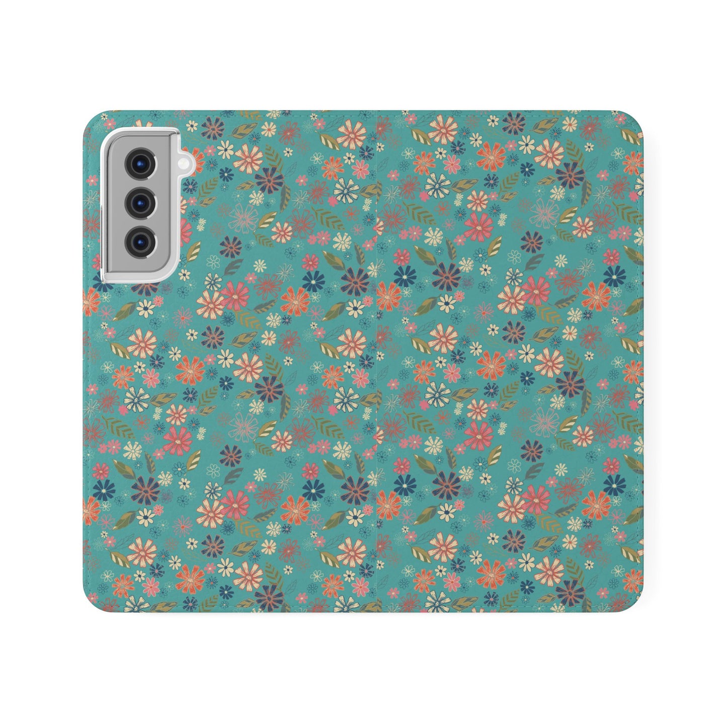 Floral Blue Flip Phone Case — Wallet Folio with Card Slots