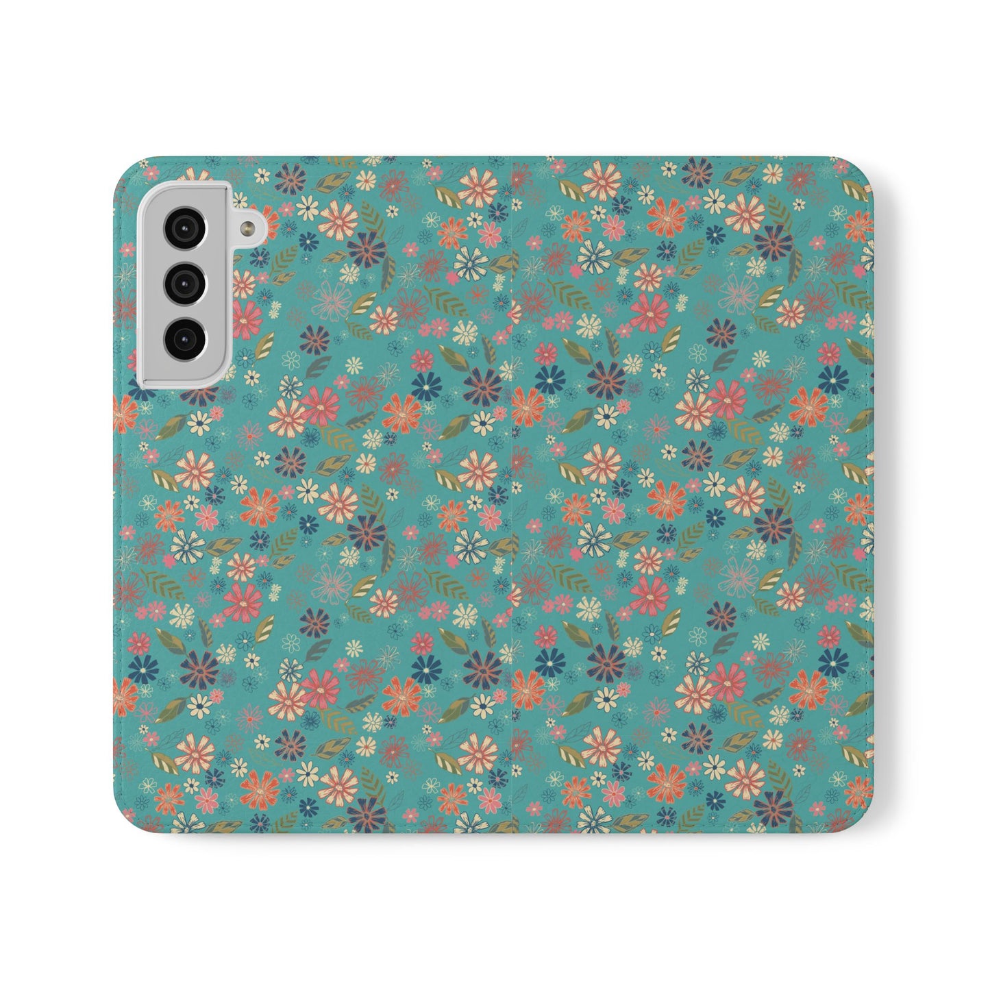 Floral Blue Flip Phone Case — Wallet Folio with Card Slots