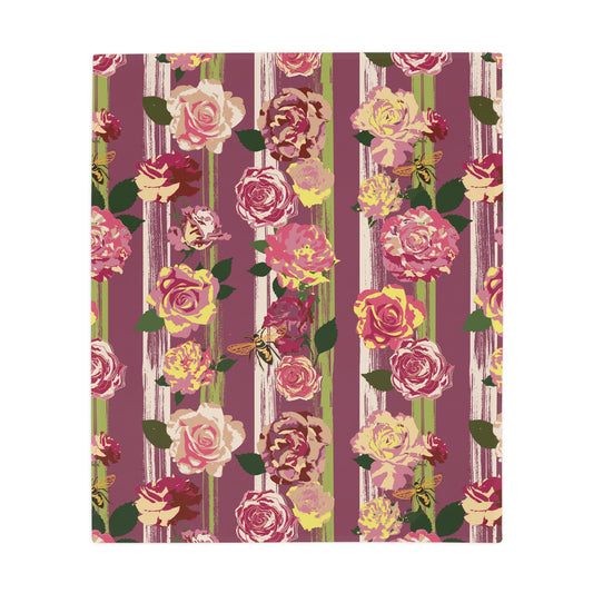 Floral Stripe Plush Fleece Blanket - Vintage Rose Pattern