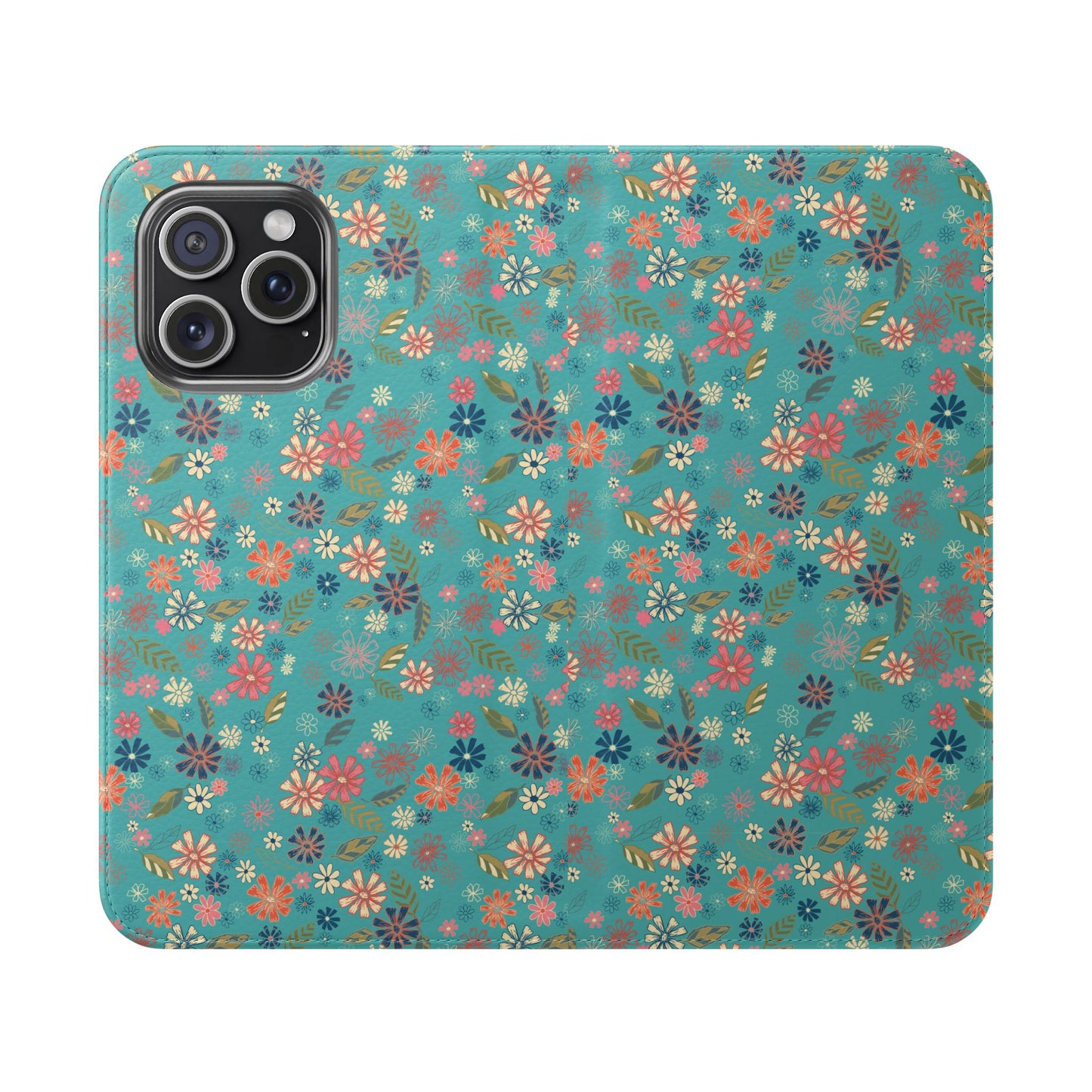 Floral Blue Flip Phone Case — Wallet Folio with Card Slots