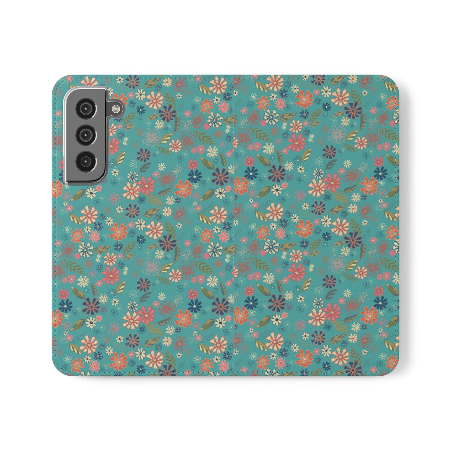 Floral Blue Flip Phone Case — Wallet Folio with Card Slots