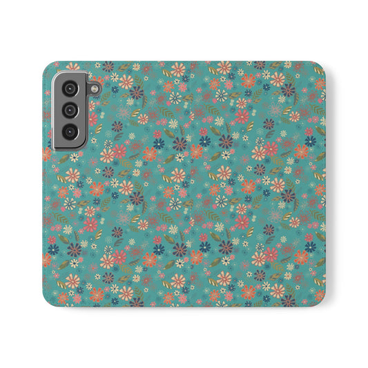 Floral Blue Flip Phone Case — Wallet Folio with Card Slots