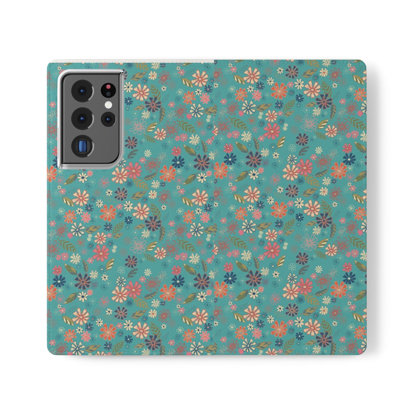 Floral Blue Flip Phone Case — Wallet Folio with Card Slots