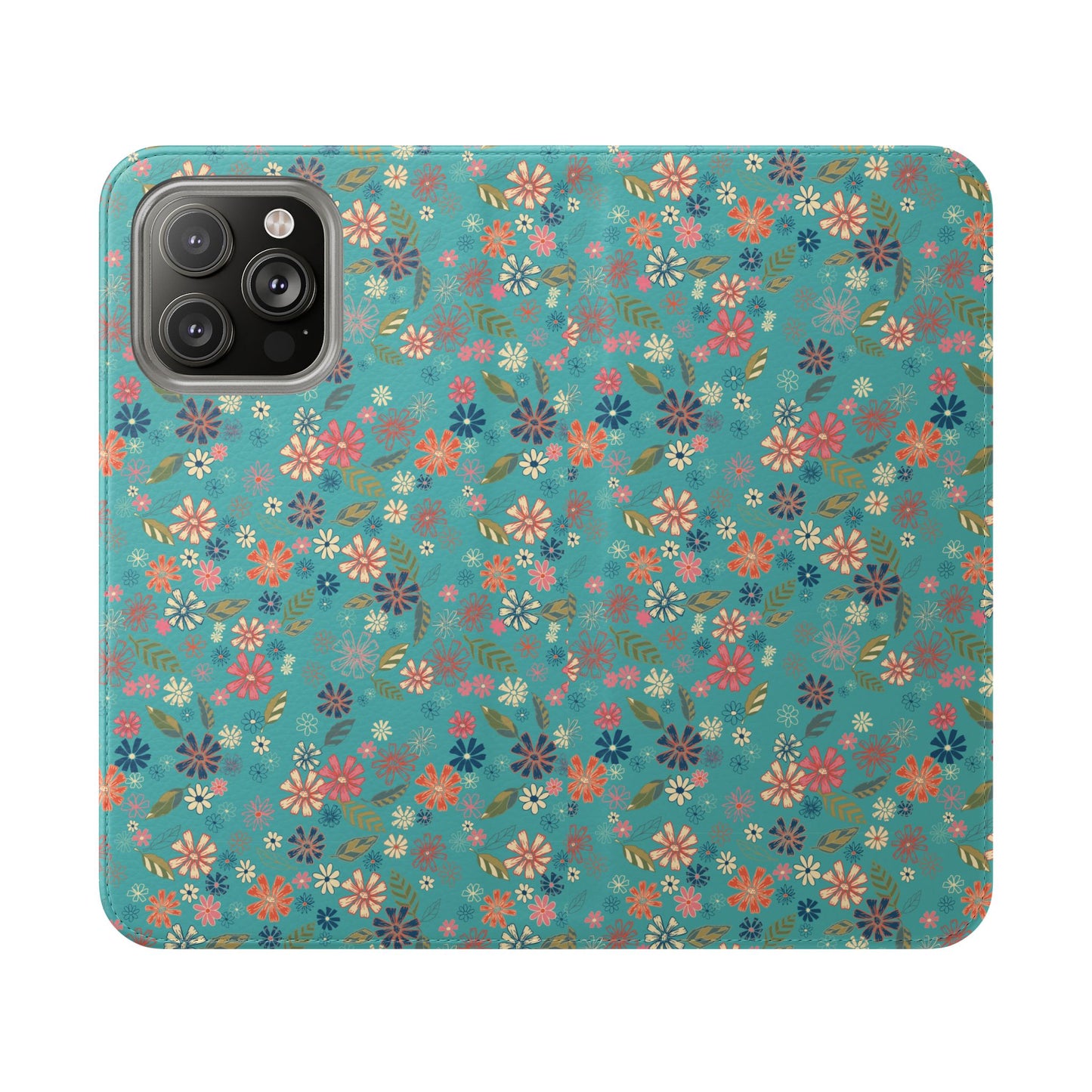 Floral Blue Flip Phone Case — Wallet Folio with Card Slots