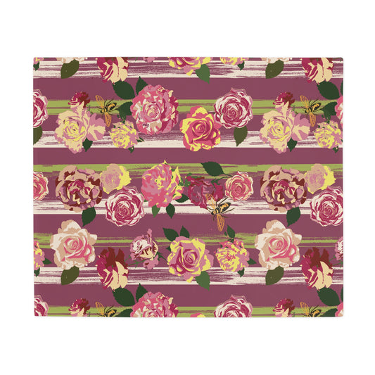 Floral Stripe Plush Fleece Blanket - Vintage Rose Pattern