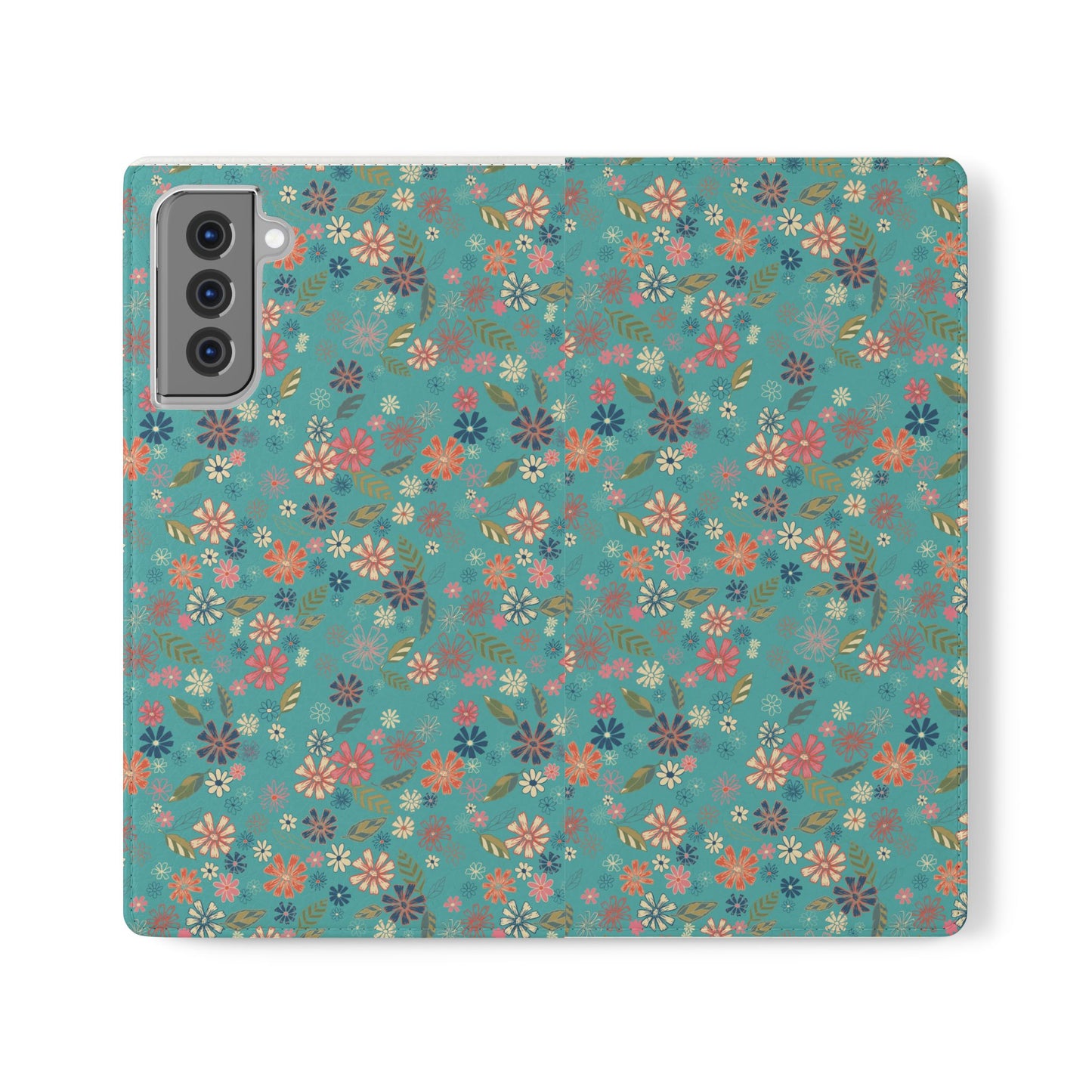 Floral Blue Flip Phone Case — Wallet Folio with Card Slots