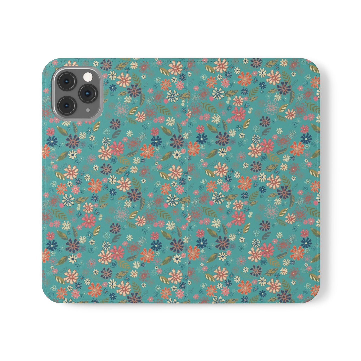 Floral Blue Flip Phone Case — Wallet Folio with Card Slots