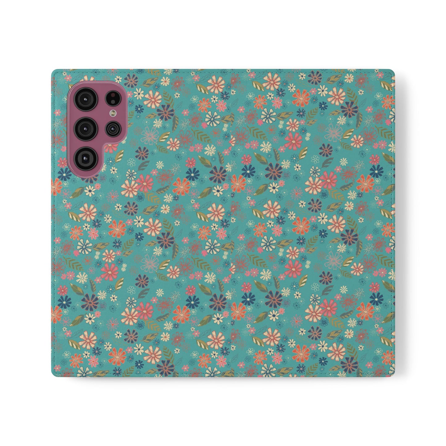 Floral Blue Flip Phone Case — Wallet Folio with Card Slots