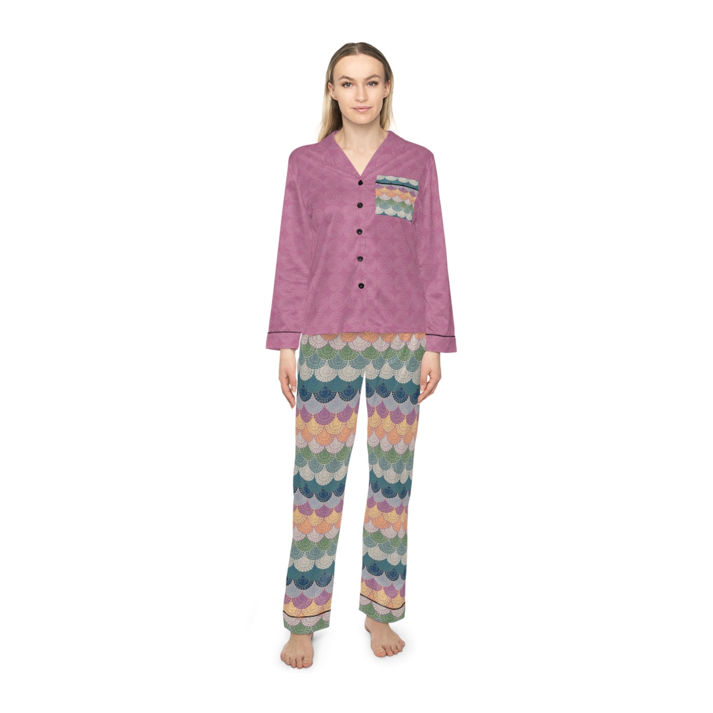 Patterned Satin Pajamas Set - Stillness and Doily Dolly Design