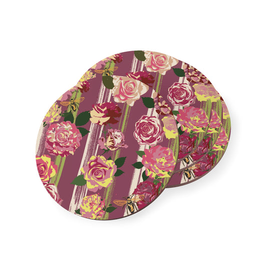 Floral Rose Stripe Cork Coasters — Vintage Pink Garden Drink Coasters (Set)