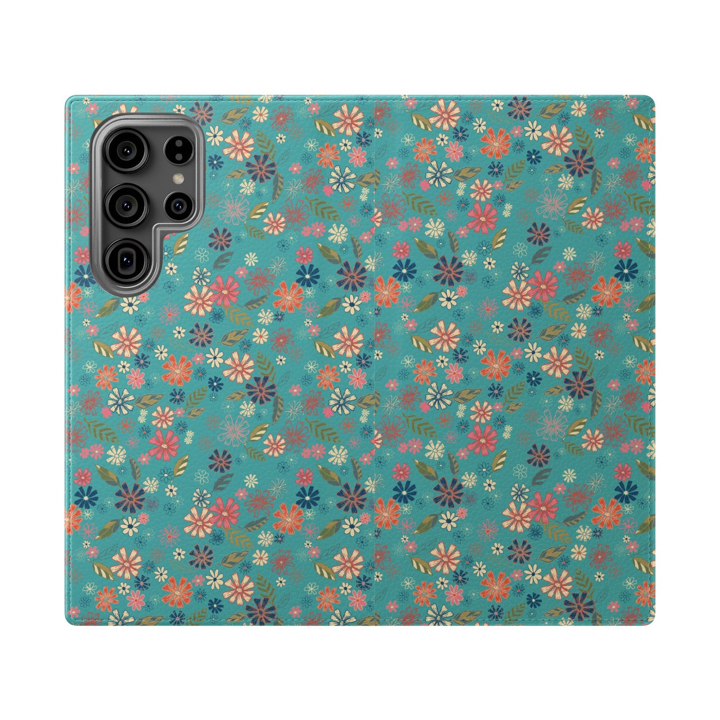 Floral Blue Flip Phone Case — Wallet Folio with Card Slots