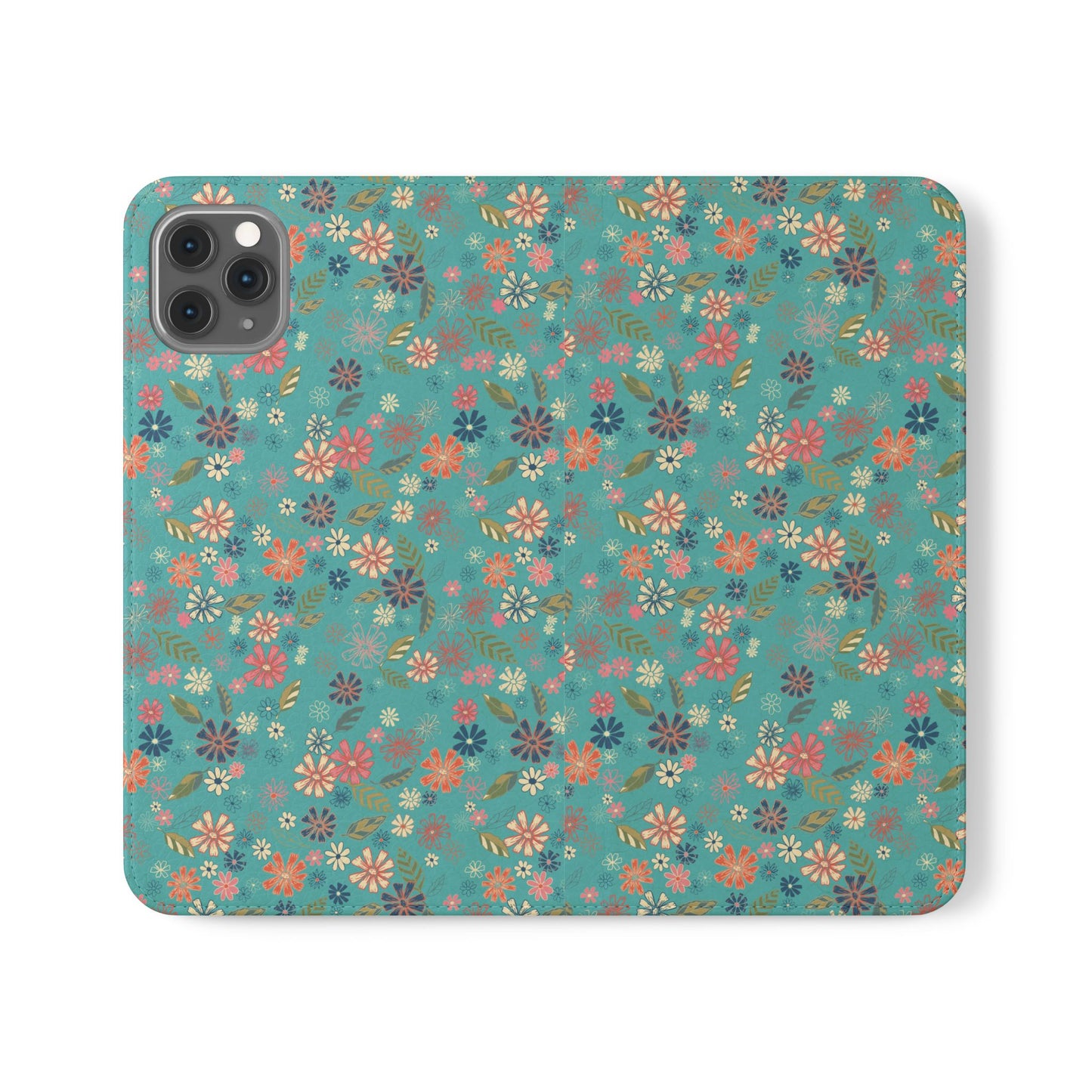 Floral Blue Flip Phone Case — Wallet Folio with Card Slots