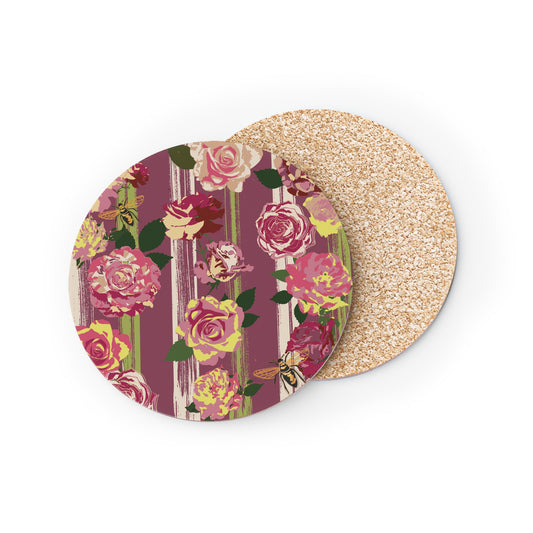 Floral Rose Stripe Cork Coasters — Vintage Pink Garden Drink Coasters (Set)