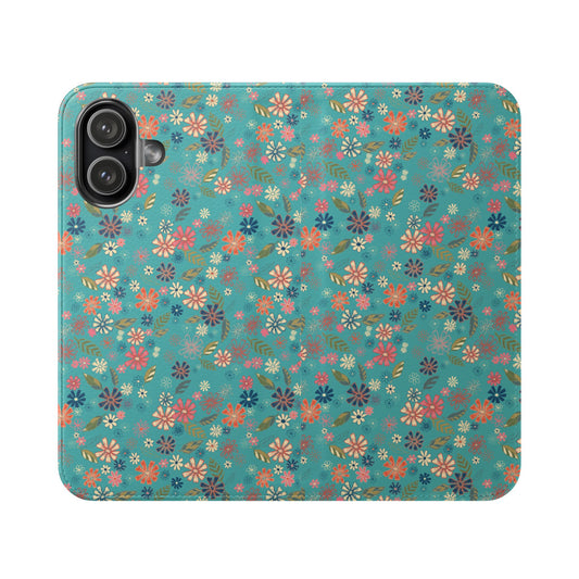 Floral Blue Flip Phone Case — Wallet Folio with Card Slots